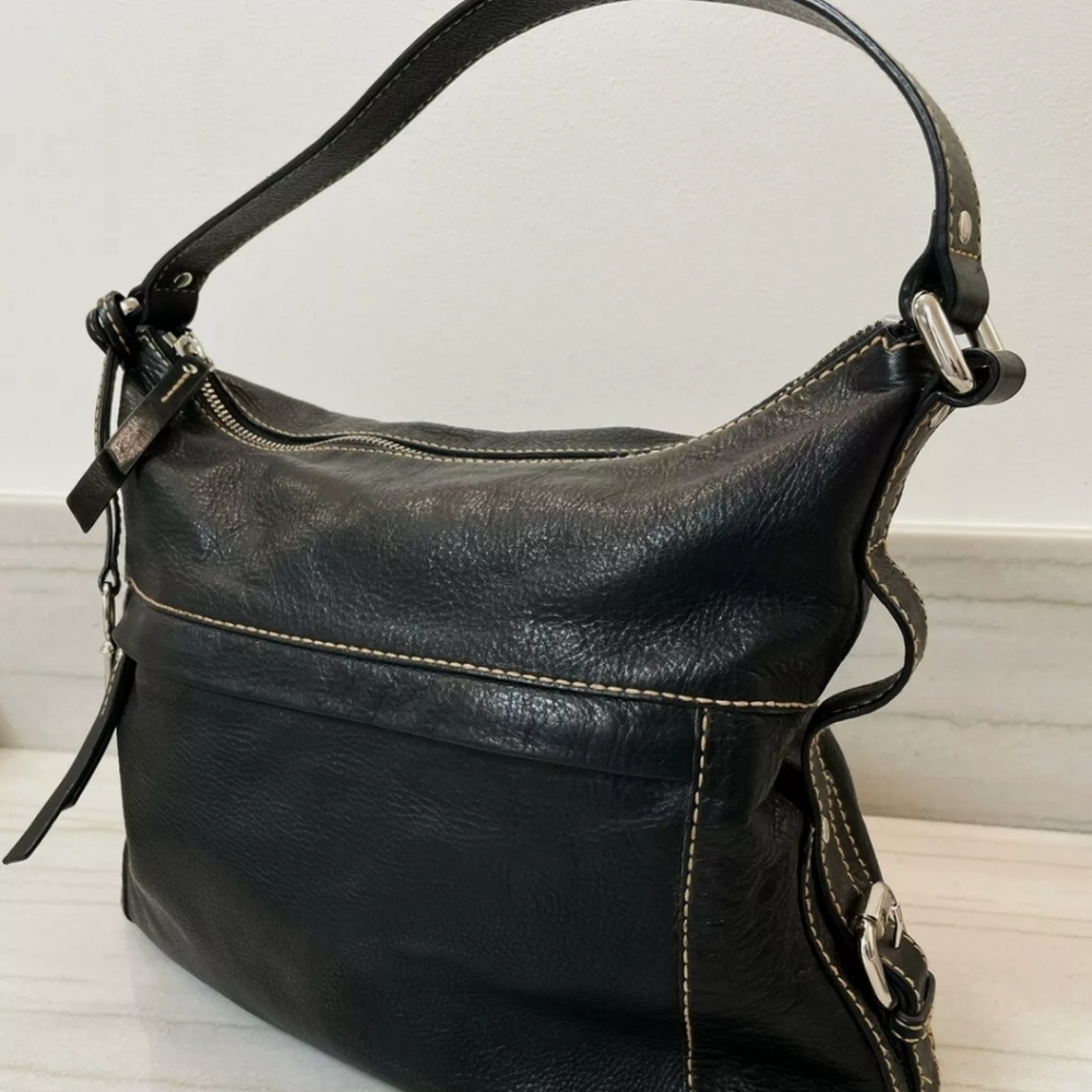 Fossil Black Pebbled Leather Hobo Satchel Tote Bag with Silver Key Charm - Picture 6 of 11